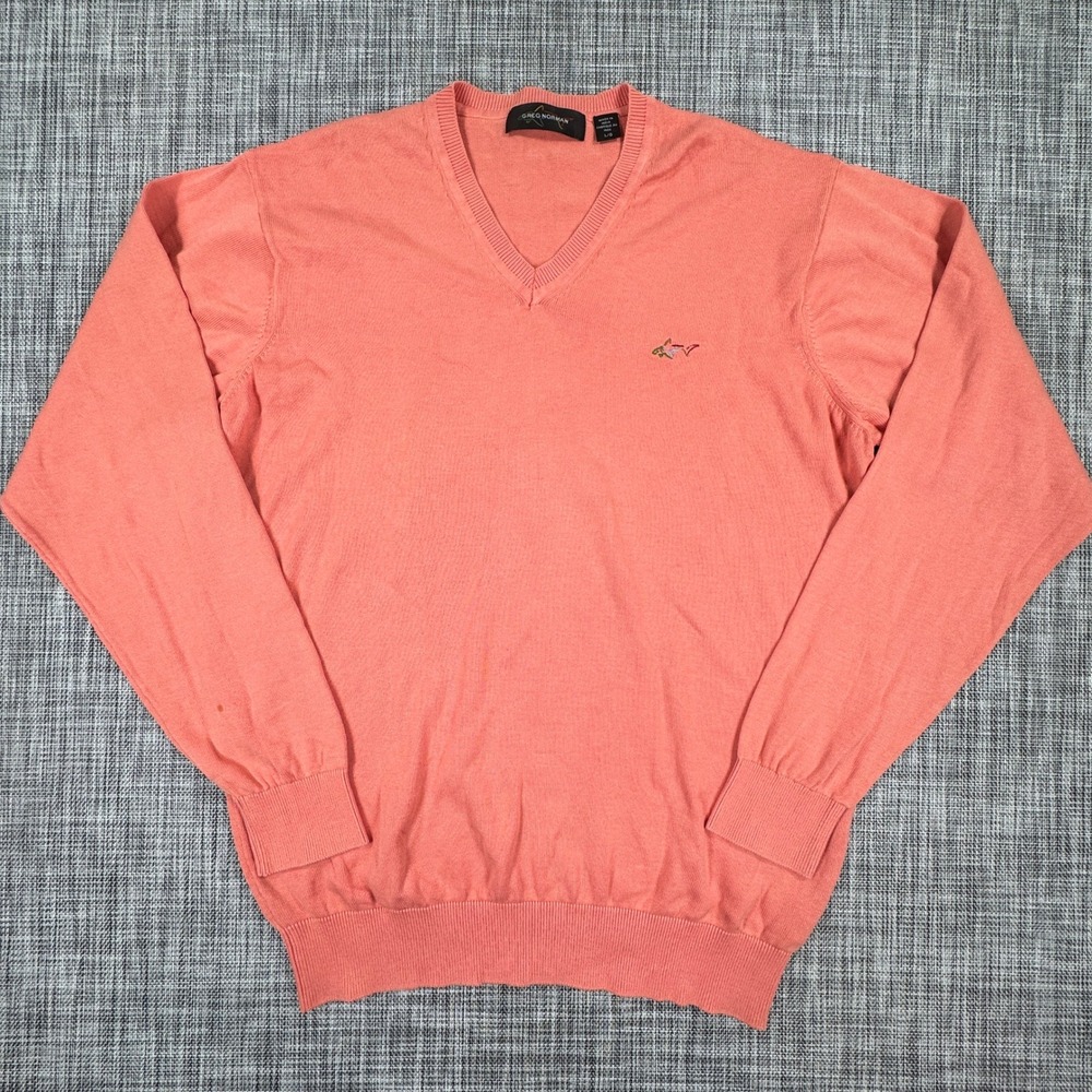 Greg Norman Mens V-Neck Sweater Shark Logo Cotton Knit Golf Pullover Coral Large